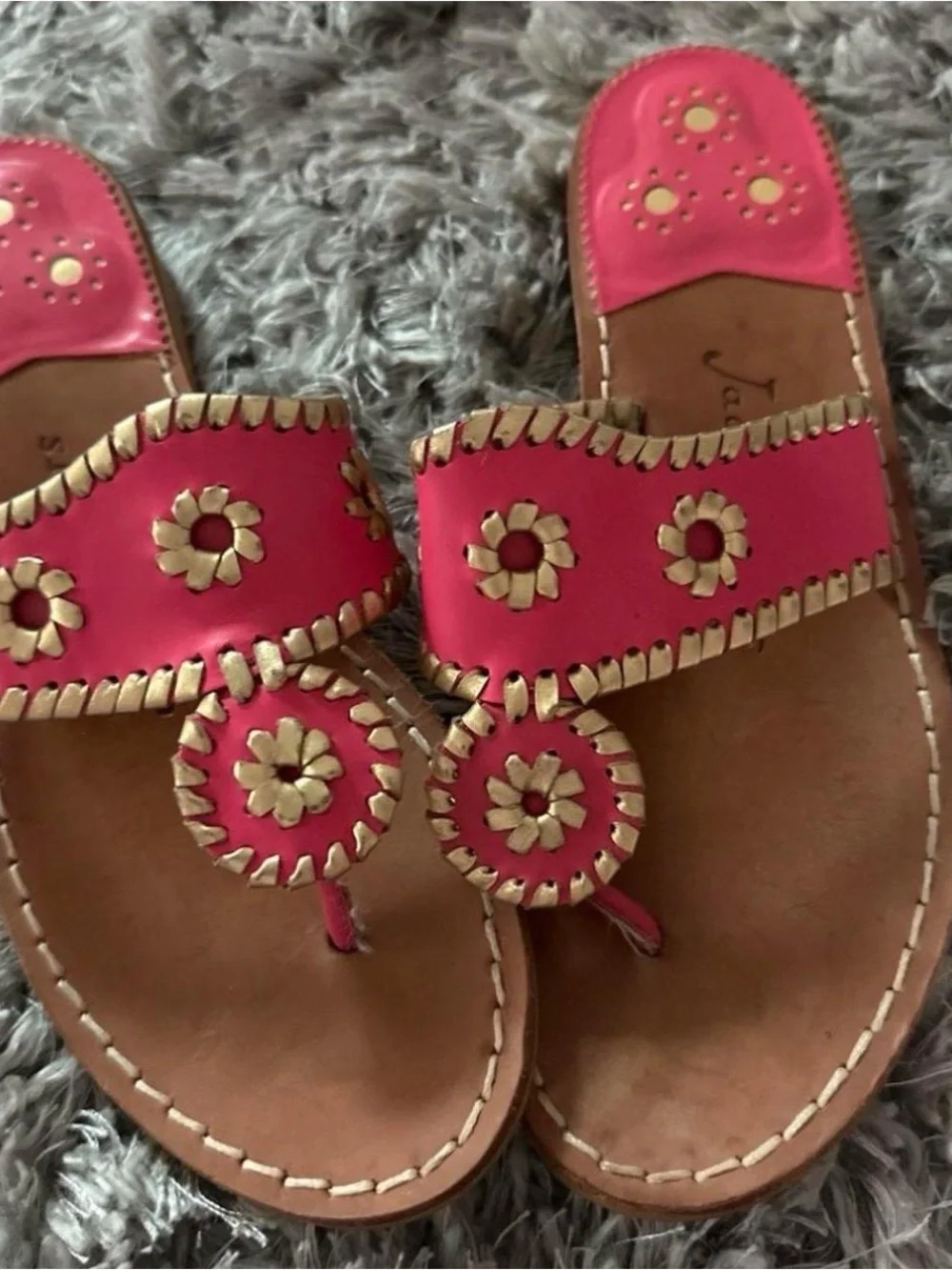Jack Rogers Pink Leather Floral Thong Sandals with Gold Accents